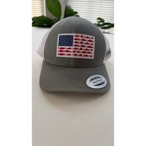Columbia PFG Fish American Flag Snapback Trucker Hat Grey White Mesh Cap
